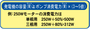 発電機の容量(W)≧ポンプ消費電力(W)×(3~5倍)